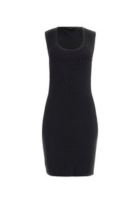 Schwarzes ärmelloses Kleid mit einer figurnahen Silhouette, das aus einem glatten Stoff besteht und verstreute Strassakzente für zusätzliche Details aufweist.