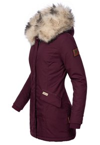 Burgundy parka with faux fur hood, zip closure, elastic cuffs, side pockets, and fabric tag detail. Smooth texture and knee-length design.