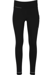 Schwarze Sportleggins mit einem hohen Bund, aus dehnbarem Material gefertigt. Mit reflektierenden Akzenten und einer seitlichen Tasche für zusätzlichen Komfort.