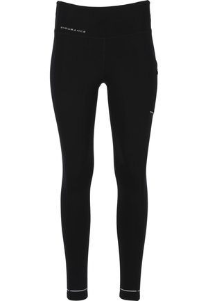 Schwarze Sportleggins mit einem hohen Bund, aus dehnbarem Material gefertigt. Mit reflektierenden Akzenten und einer seitlichen Tasche für zusätzlichen Komfort.