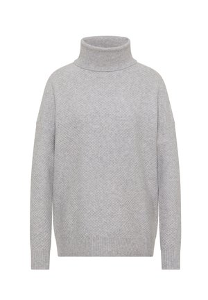 Světlý šedý rolák z měkké látky, s texturovaným vzorem, spadenými rameny a žebrovaným lemem a manžetami.