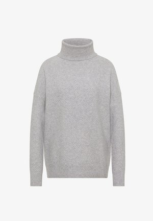 Hellgrauer Rollkragenpullover aus weichem Stoff mit strukturiertem Muster, überschnittenen Schultern sowie geripptem Saum und Bündchen.