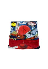 Rode pluche masker met Spider-Man graphics, gelaagd met kleurrijke ontwerpen waaronder webben, tekst en cartoonfiguren. Bevestigde displaykaart.