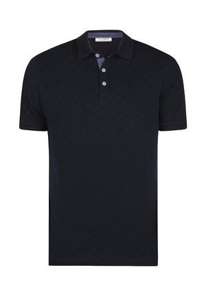 Polo noir à manches courtes avec trois boutons et un col, présentant un motif texturé subtil et une étiquette Felix Hardy à l'intérieur.