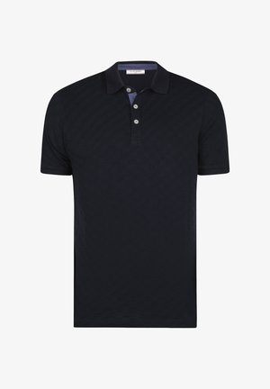 Fekete rövid ujjú galléros póló három gombbal, finom texturált mintával és Felix Hardy címkével belül.