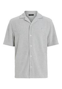 Camicia grigia a maniche corte realizzata in tessuto morbido, con abbottonatura frontale, colletto e un discreto dettaglio del logo sul petto.