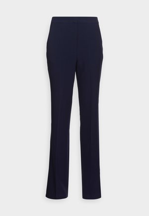 Pantalon bleu marine ajusté avec une coupe droite, confectionné dans un tissu lisse, doté d'une ceinture avant plate et sans poches apparentes.