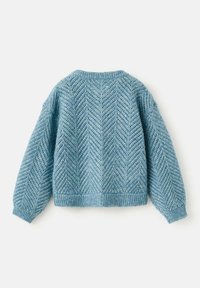 Pull tricoté bleu clair avec un motif en chevrons, manches longues et col arrondi. Tissu texturé avec poignets et ourlet côtelés.