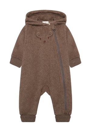 Brown baby onesie with hood, front diagonal zipper, ribbed cuffs, and embroidered bear face with ears on chest.