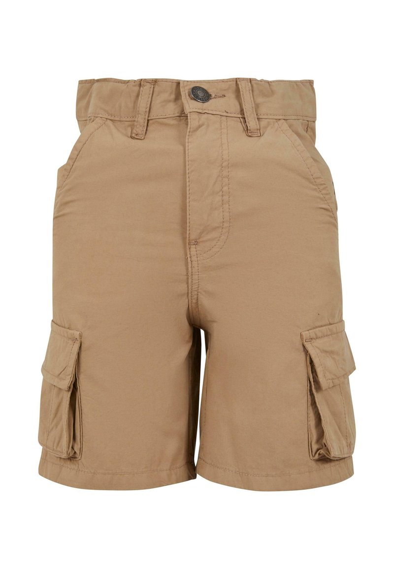 Khaki cargoshorts van katoen, voorzien van een knoopsluiting, twee zijzakken en een rechte snit met zichtbare stiksel-details.