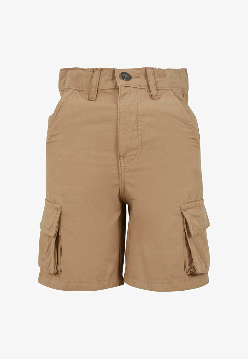 Khaki cargo šortky vyrobené z bavlny, s knoflíkovým zapínáním, dvěma bočními kapsami a rovnou siluetou se viditelnými švy.