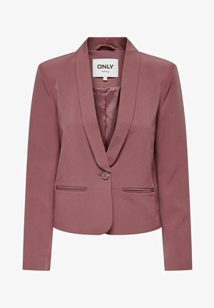 Blazer v rdeče malinovi barvi z satinastim zaključkom, z enim gumbom, šalom ovratnikom in dvema sprednjima žepoma. Gladka tekstura, prilegajoč kroj.