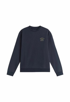 Mörkblå crewneck sweatshirt med långa ärmar, ribbade muddarna, och en liten gul "Bondelid Athletics"-logotyp på vänster bröst.