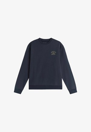 Marineblå crewneck sweatshirt med lange ærmer, ribbede manchetter og et lille gult "Bondelid Athletics" logo på venstre bryst.