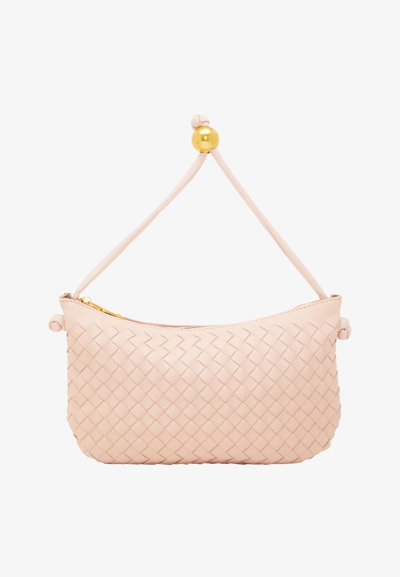 Woven leather handbag in soft pink, featuring a rounded shape, zip closure, and a decorative gold bead accent on the strap.