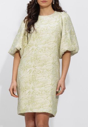 Vrouw draagt een lichtgroene jurk met een bloemrijke structuur, korte pofmouwen en een ronde halslijn, staand tegen een effen achtergrond.