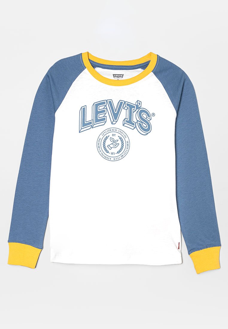 T-shirt con maniche a raglan bianco, maniche blu, polsini gialli e stampa del logo Levi's blu con un emblema al centro.