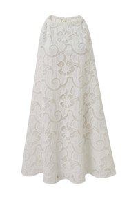 Weißer Spitzenrock mit floralen und geschwungenen Mustern, ausgestattet mit einem elastischen Taillenbund und einer fließenden Silhouette. Texturiertes, leichtes Material.