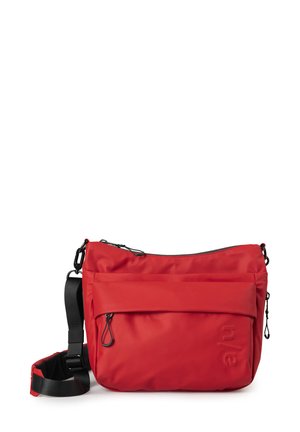 Borsa a tracolla rossa realizzata in tessuto liscio e resistente. Presenta una tracolla regolabile, una tasca frontale con zip e dettagli logati.