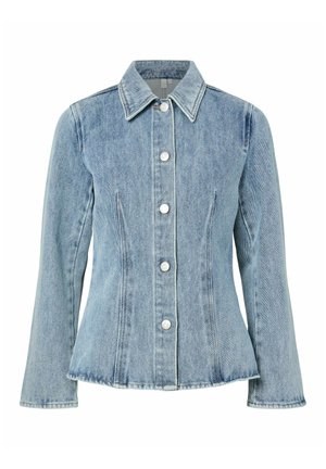 Hele sinine vormitud teksajakk pikkade varrukatega, terava kaelusega ja eest nööpkinnitusega.