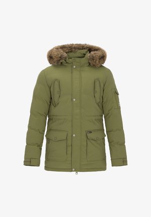 Olijfgroene gewatteerde parka met capuchon van nepbont, rits- en klepzakken, drukknoopsluiting en geribde boorden. Gestructureerde stof met doorgestikte details.