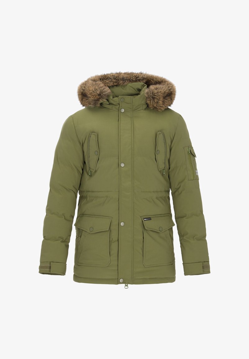 Oliwkowa zielona pikowana parka z kapturem obszytym sztucznym futrem, kieszeniami na suwak i klapą, zatrzaskami oraz prążkowanymi mankietami. Tkanina o fakturze z pikowanymi detalami.