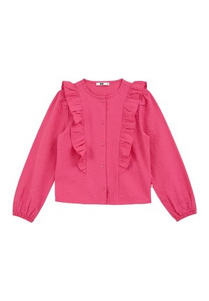 Różowa koszula z długim rękawem na guziki, z pionowymi paskami i falbankami wzdłuż przodu i ramion, z okrągłym dekoltem i elastycznymi mankietami.