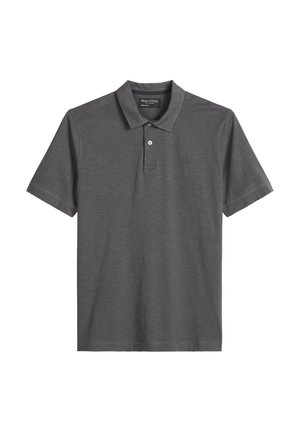 Dunkelgraues Poloshirt mit kurzen Ärmeln, Kragen, Zweiknopf-Leiste und dezent eingesticktem Logo auf der linken Brust.