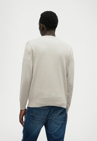 Pullover grigio chiaro a maglia con maniche lunghe, scollo a coste e polsini, abbinato a jeans blu con due tasche posteriori e una leggera scoloritura.