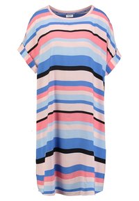 Robe tunique rayée en rose clair, bleu et noir. Dispose de manches courtes, d'un col rond et d'une coupe ample. Texture de tissu lisse.