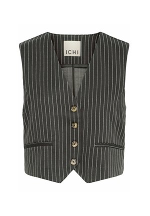 Gilet noir à rayures avec décolleté en V, cinq boutons en bronze et deux poches à l'avant. Fabriqué en tissu texturé avec une coupe ajustée.