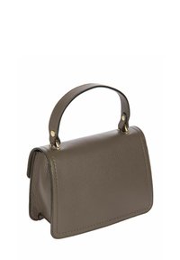 Sac à main en cuir gris avec une forme structurée, une poignée arrondie et des accents en métal doré. Présente une surface texturée et des coutures contrastantes.