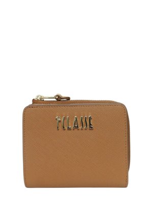 Piccolo portafoglio in pelle marrone con cerniera dorata e logo dorato "T CLASSE" sul davanti.