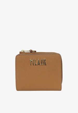 Piccolo portafoglio in pelle marrone con cerniera dorata e logo dorato "T CLASSE" sul davanti.