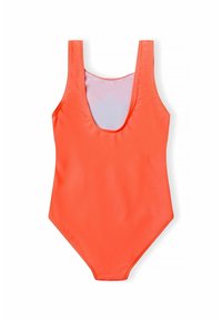 Maillot de bain une pièce en corail vif, avec un tissu lisse et extensible, de larges bretelles et un encolure dégagée profonde.
