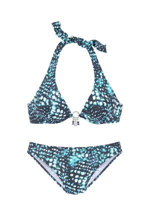 Blau und schwarz gemusterter Neckholder-Bikini mit neckischem Bindetop und passenden tief sitzenden Hosen, mit kleinen dekorativen Perlen am mittleren Ring des Oberteils.
