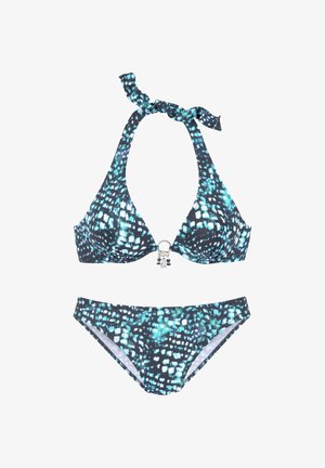 Blau und schwarz gemusterter Neckholder-Bikini mit neckischem Bindetop und passenden tief sitzenden Hosen, mit kleinen dekorativen Perlen am mittleren Ring des Oberteils.