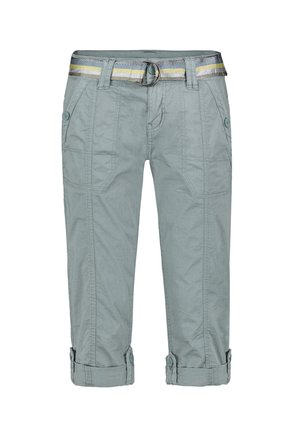 Light grey capri pants with a textured finish, featuring a folded hem, side pockets, and a decorative striped belt with a metal ring.