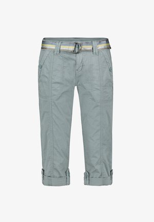 Light grey capri pants with a textured finish, featuring a folded hem, side pockets, and a decorative striped belt with a metal ring.
