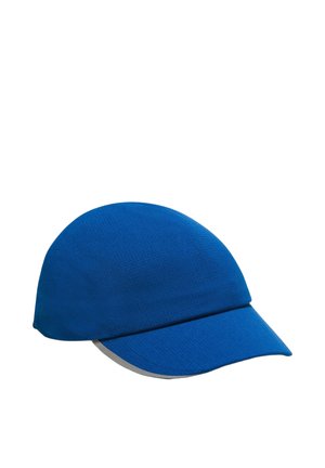 Blaue Stoff-Radkappe mit gebogener Krempe und glattem, stromlinienförmigem Design, vor weißem Hintergrund dargestellt.