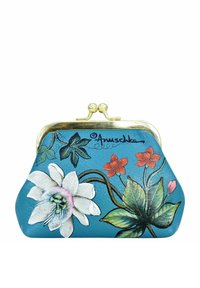 Teal leren muntenportemonnee met bloemenpatroon. Voorzien van een gouden metalen sluiting, handgeschilderde witte en rode bloemen en groene bladeren.