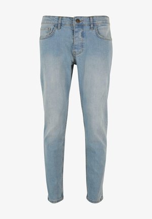 Světle modré džíny s úzkým střihem, s pěti kapsami, jemným odřením, knoflíkovým zapínáním a šitými detaily na švech.