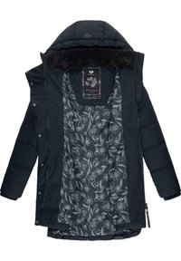 Granatowa, ocieplana kurtka z kapturem wyłożonym futrem, z kwiatowym wzorem wewnątrz i zapięciem na guziki z przodu.