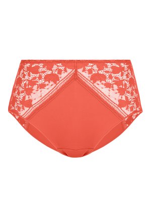 Culotte corail taille haute avec panneau avant uni et accents de dentelle florale sur les côtés et la ceinture.