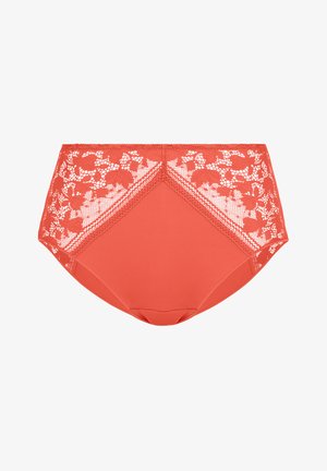 Culotte corail taille haute avec panneau avant uni et accents de dentelle florale sur les côtés et la ceinture.