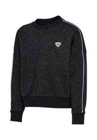 Svart sweatshirt med glittrande textur, ribbade muddar och krage. Har vita sidostripes och en liten emblem på bröstet.