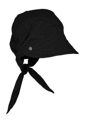 Schwarzer Bucket Hat aus leichtem Stoff mit breiter Krempe und verstellbarem Band hinten. Mit dezentem Logo an der Seite.
