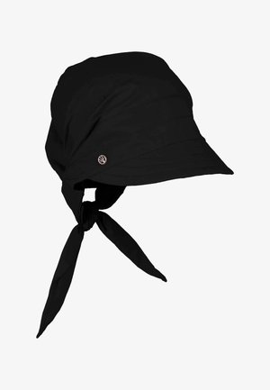 Sombrero de cubo negro hecho de tela ligera con ala ancha y cordón ajustable en la parte posterior. Presenta un sutil logo en el lateral.