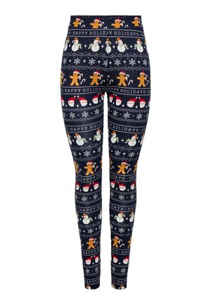 Navy leggings with repeated holiday patterns of gingerbread men, snowmen, Santa heads, candy canes, snowflakes, and "Happy Holidays" text.