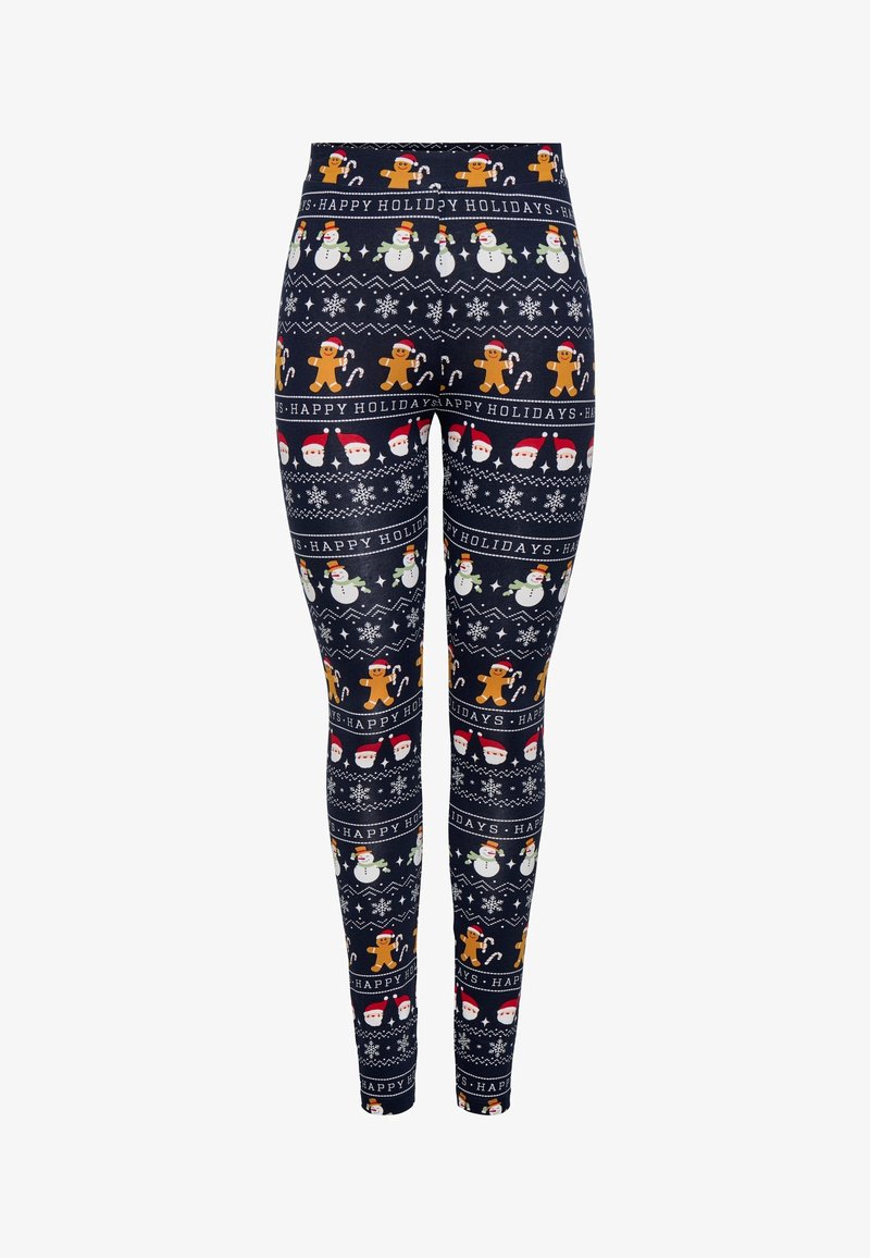 Navy leggings with repeated holiday patterns of gingerbread men, snowmen, Santa heads, candy canes, snowflakes, and "Happy Holidays" text.